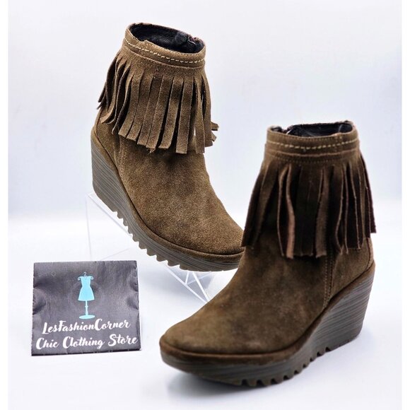 Fly London Women's Brown Suede Leather Fringe Wedge Ankle Booties Size 7.5 2188 - Picture 6 of 16